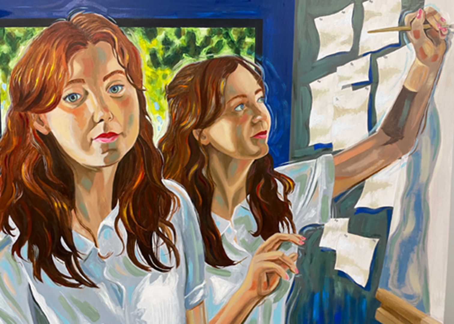 Painting of two girls with long hair in high school art studio.