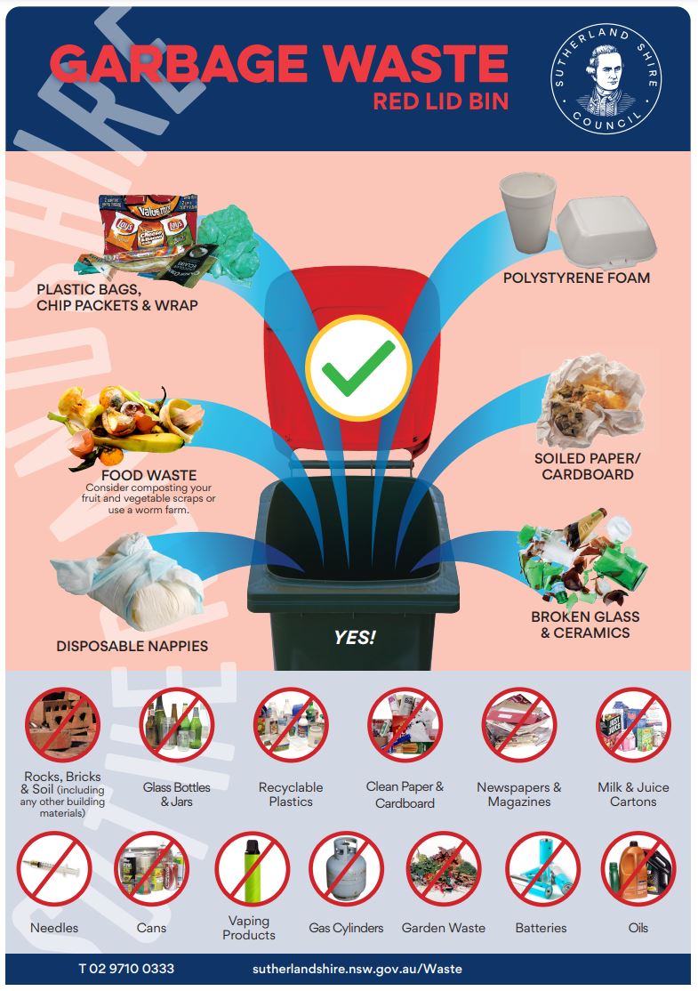 Poster of items that can go into the garbage waste bin - red lid 