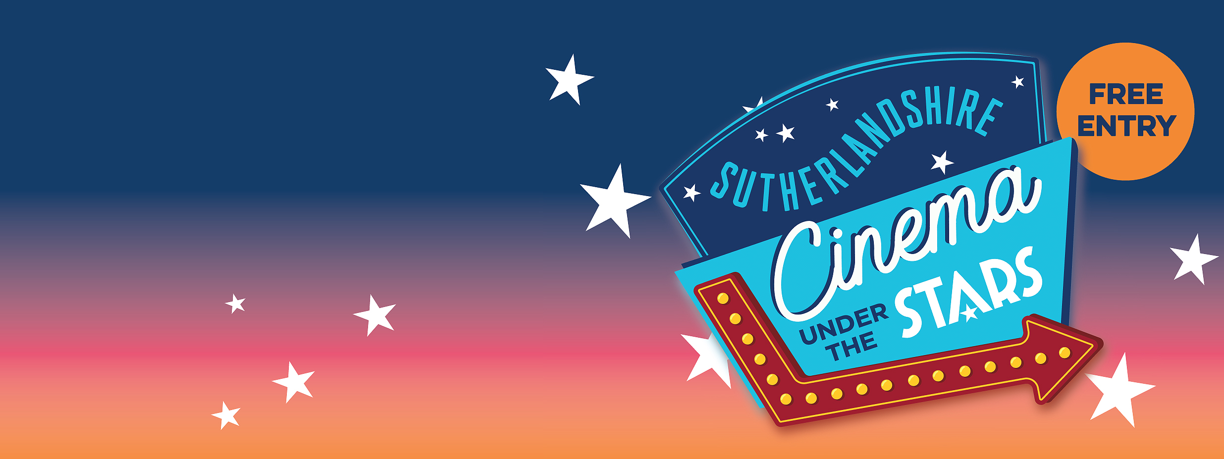 Cinema Under the Stars banner over blue pink orange background with white stars sprinkled around