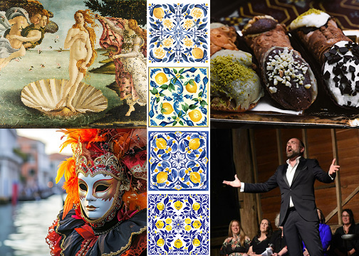 Composite image of Italian things including cannoli, venetian masks, an opera singer and Boticelli's Birth of Venus painting.