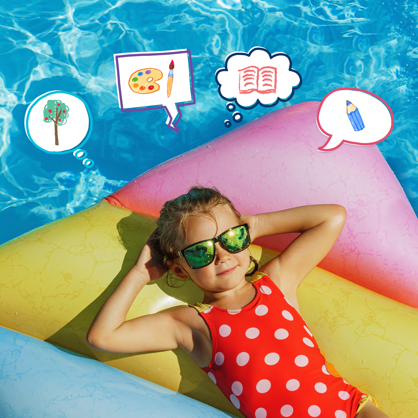 Young girl floating in a pool with sunglasses on