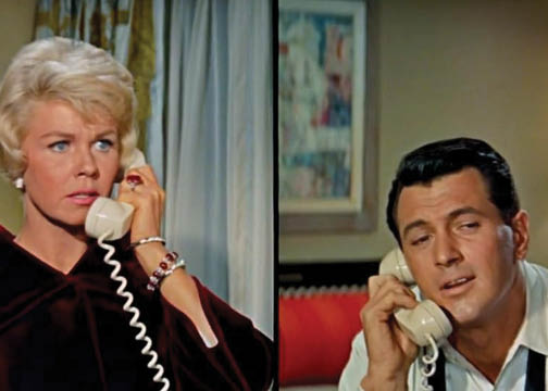 Still from film Pillow Talk. A split screen image of Doris Day and Rock Hudson both on a phone.