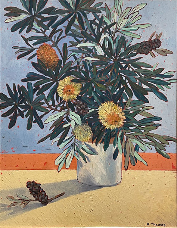 A still life painting of banksia flowers in a vase.