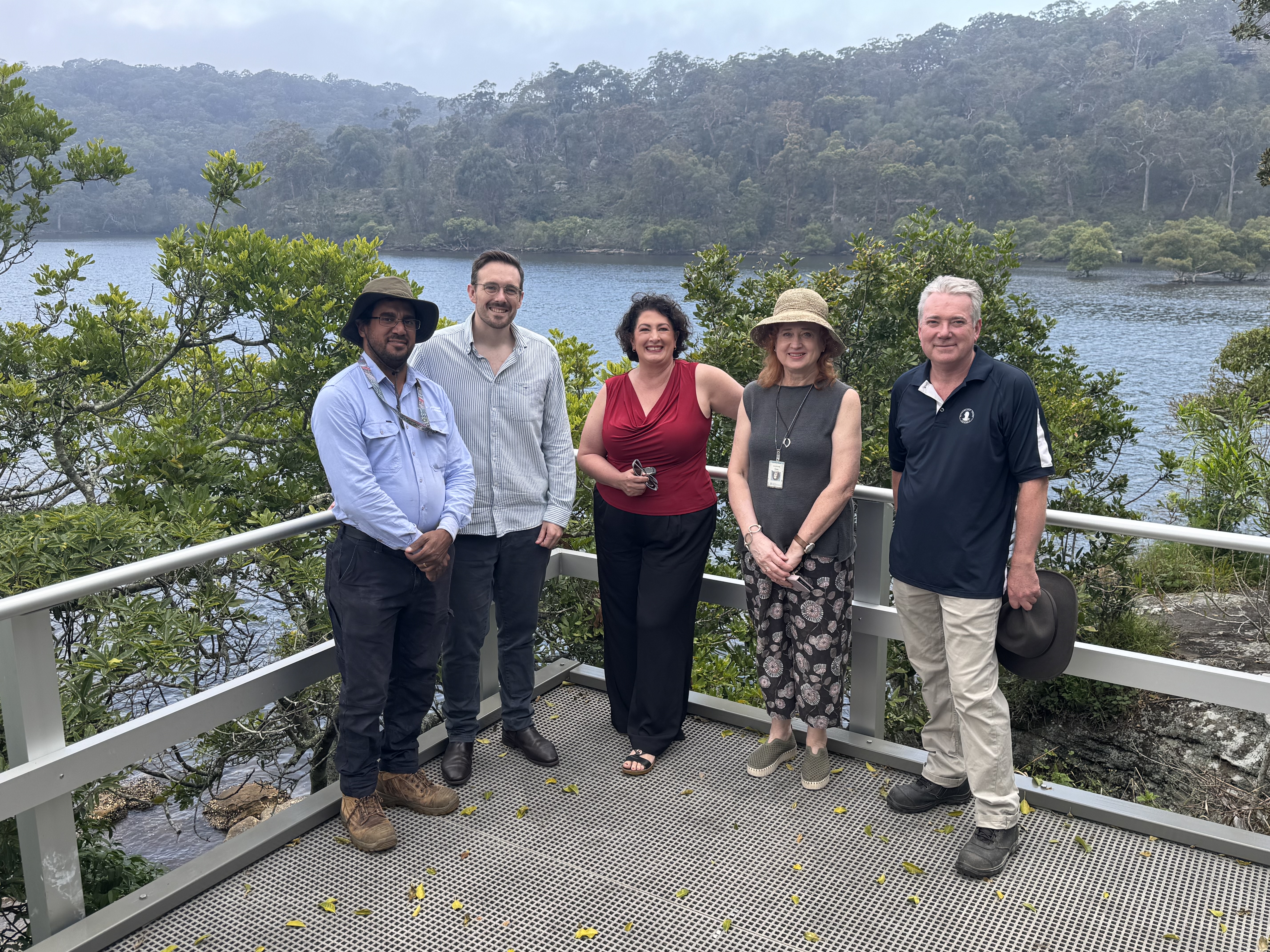 Sutherland Shire Mayor with group of Council emplpoyees at the Grays Point Reserve Boardwalk opening