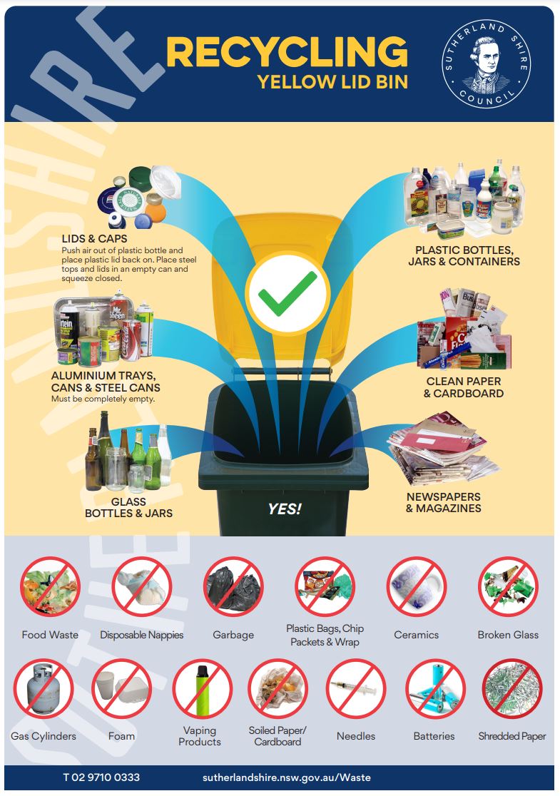 Poster of items that can go into the yellow recycling bin for Council pickup 