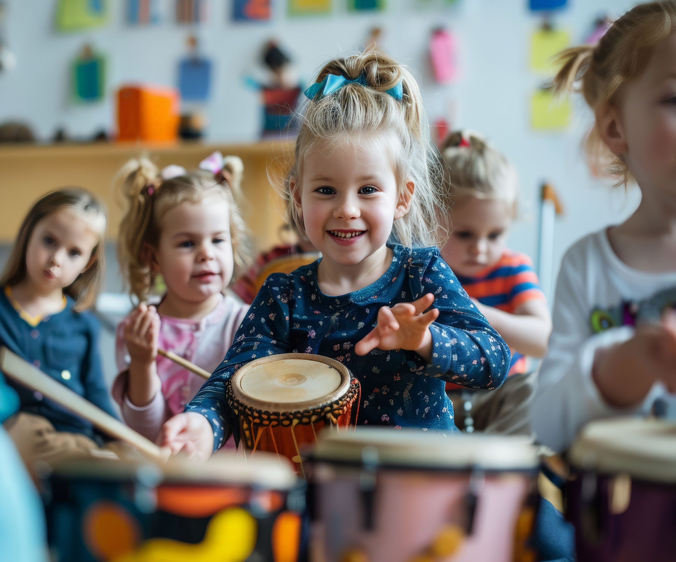 kids playing drums in class