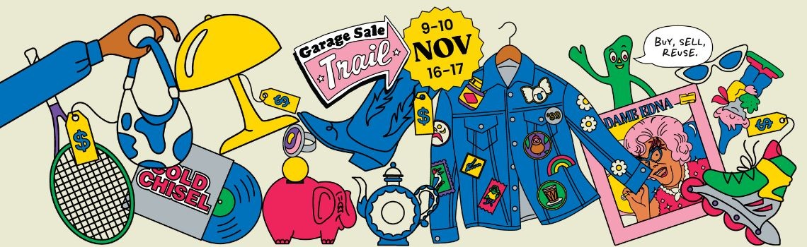 Cartoon retro style graphic with items that can be sold at a garage sale. Garage Sale Trail 2024 dates and logo 