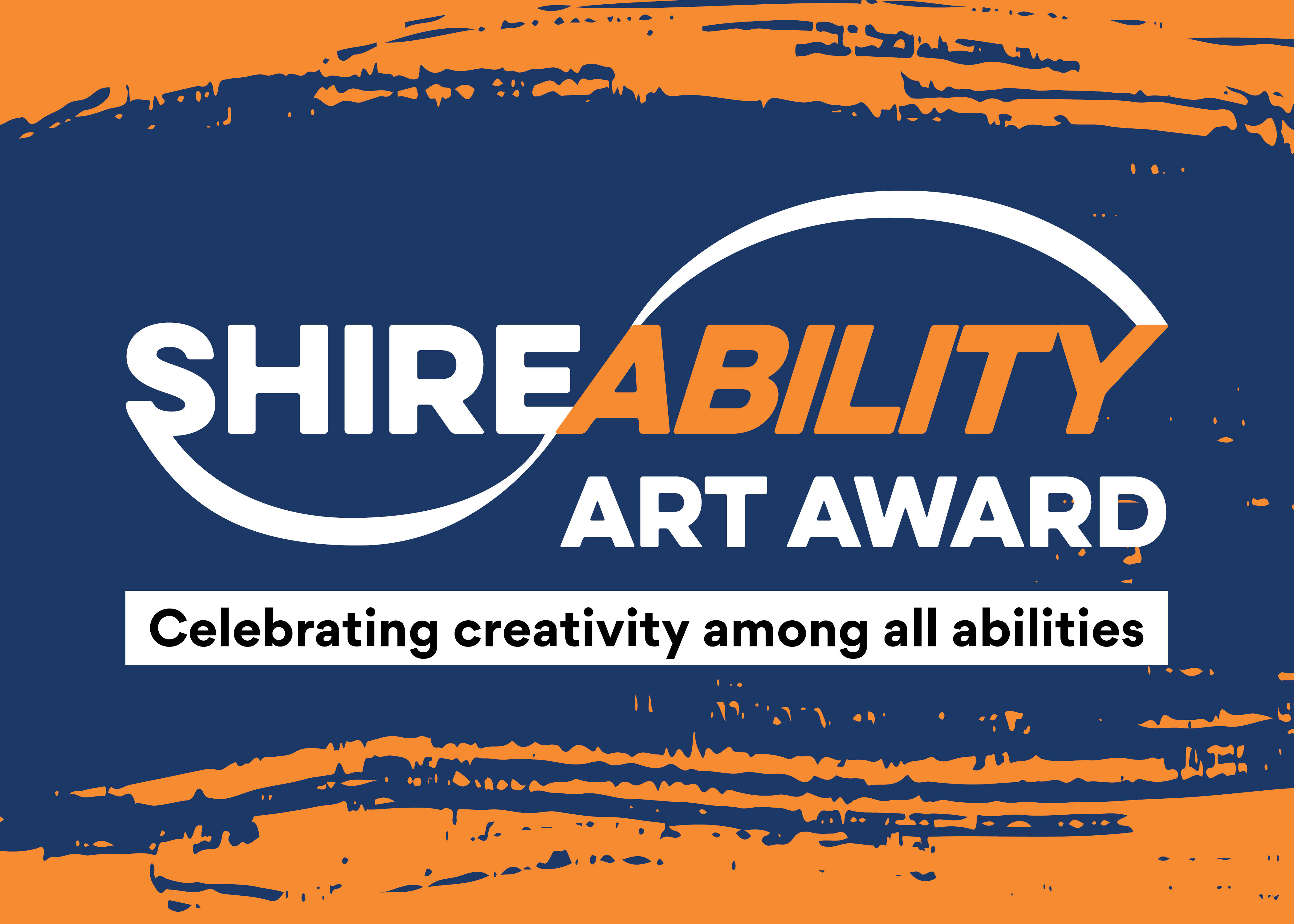 The ShireABILITY Art Award logo on a navy blue brushstroke background with orange behind it.