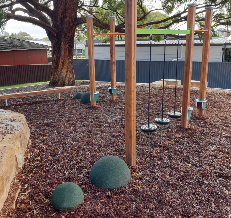 Balance balls and nature challenge course with large tree in background