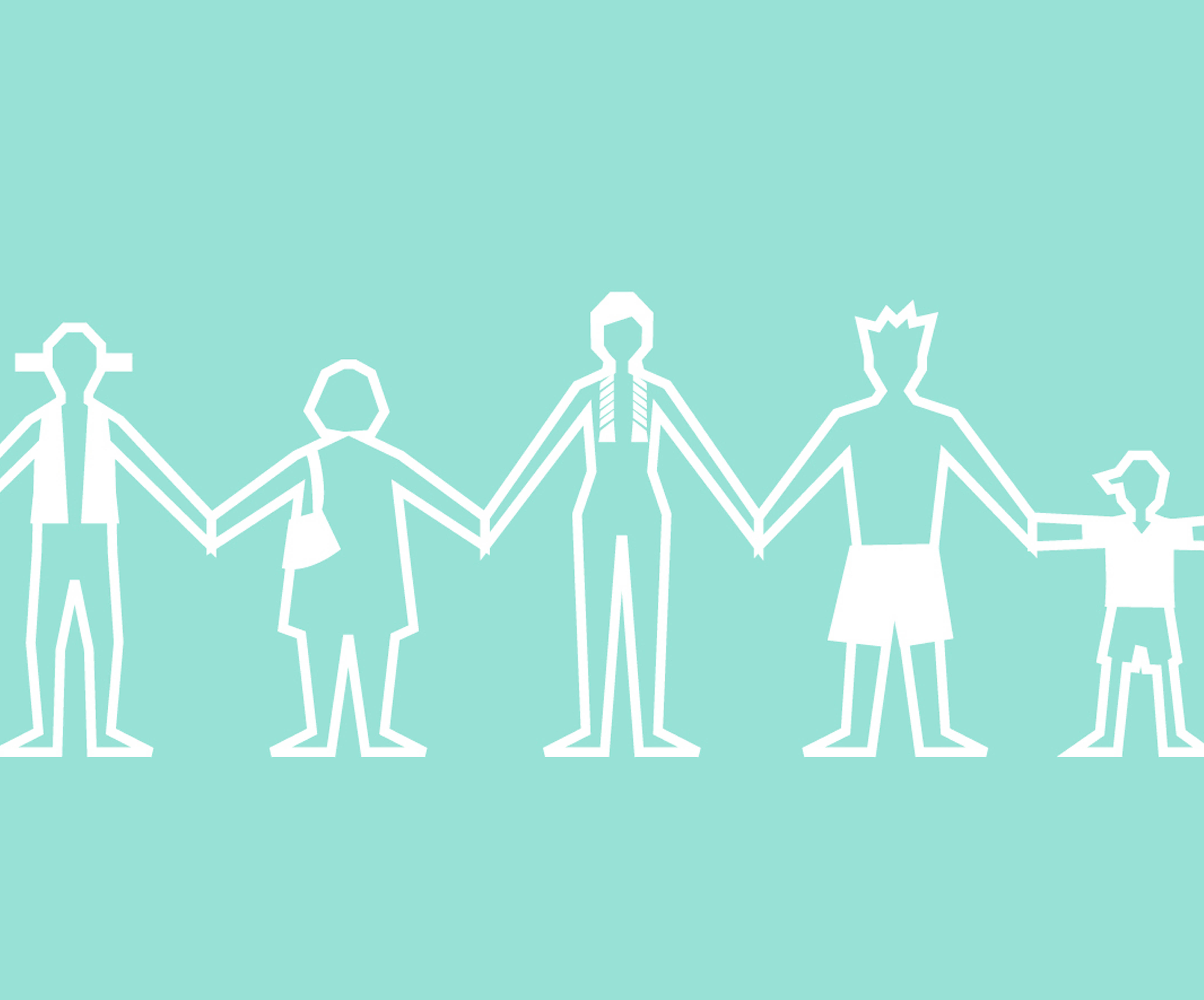 White on teal graphic of stick people holding hands