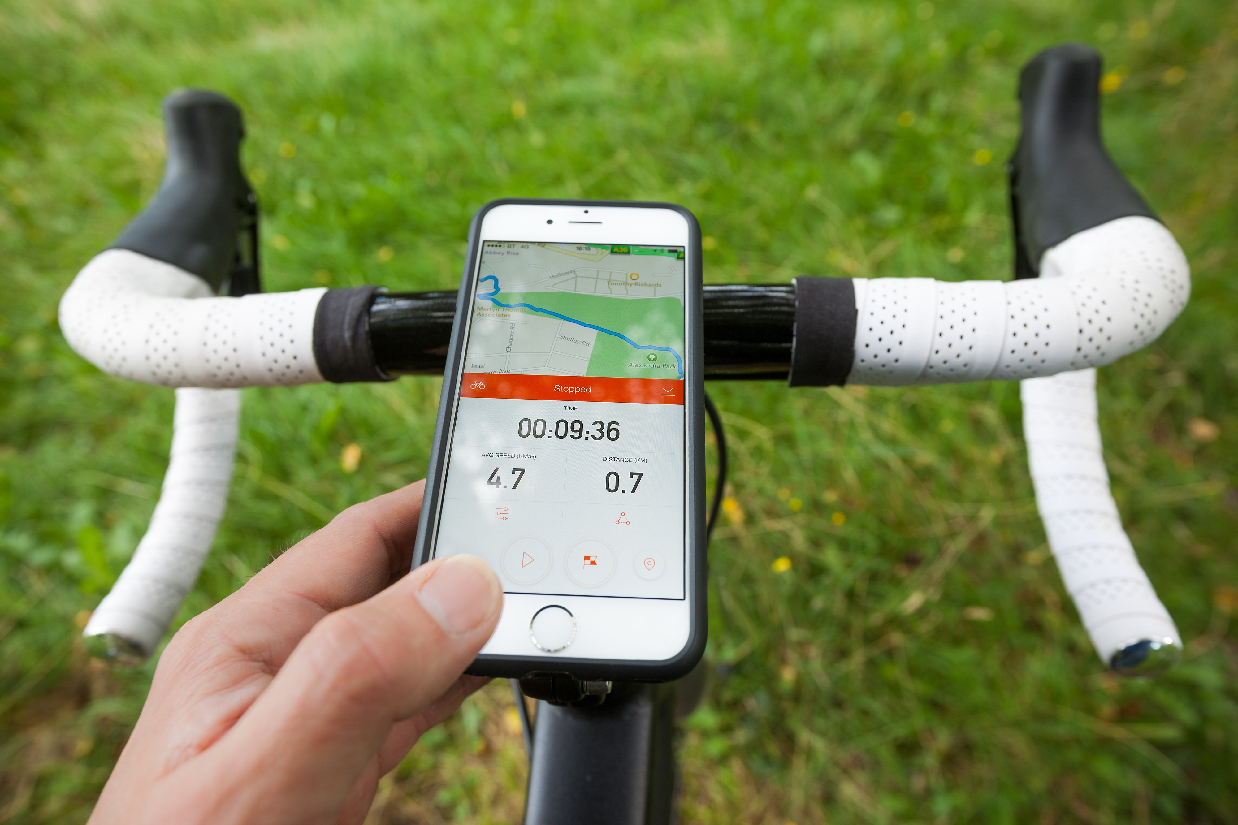 Smartphone mounted onto the handle bars or a road bike 