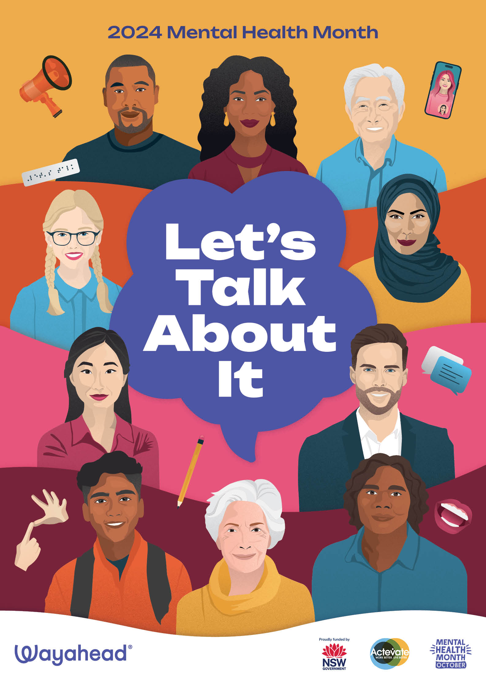 Image with text "Let's talk about it" in the centre surrounded by colourful cartoons of various people.