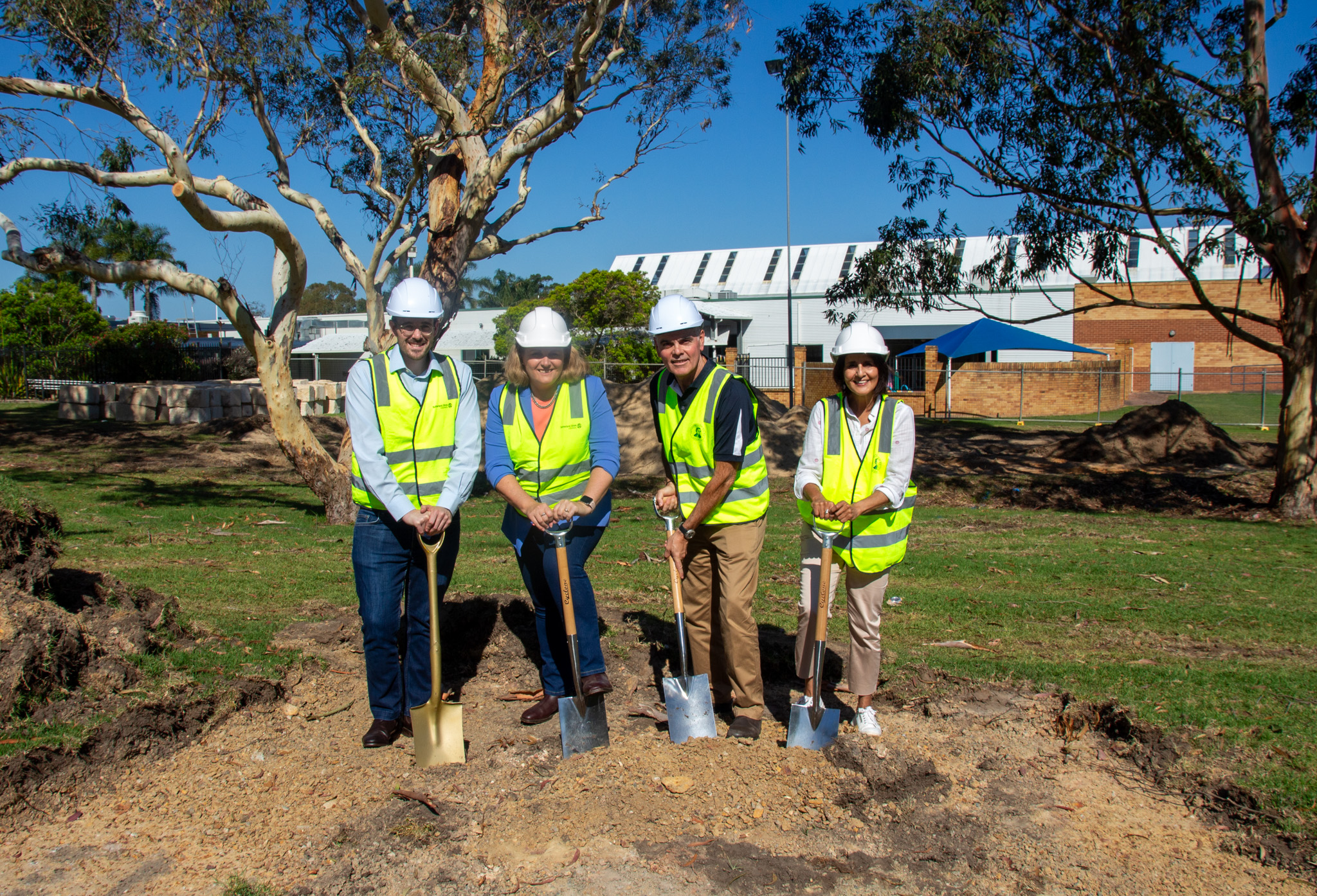 Sutherland Shire Mayor and Councillors Meridith Laverty, Peter Tsambalas and Diedree Steinwall turning the first sod at Waratah Park playground, Sutherland. 